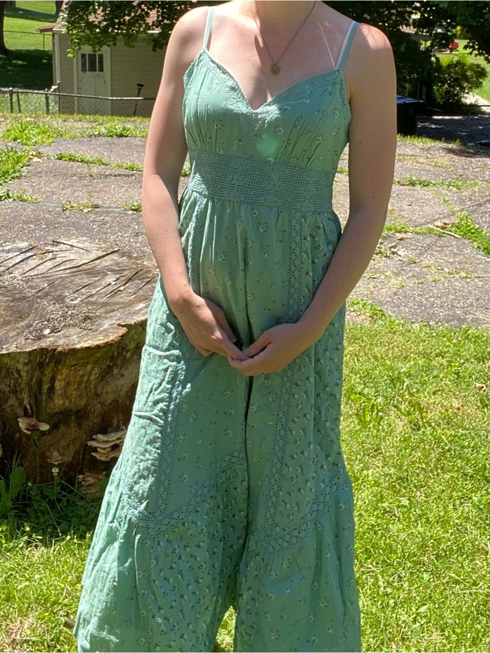 AE V-Neck Lace Inset Hanky Hem Midi Dress